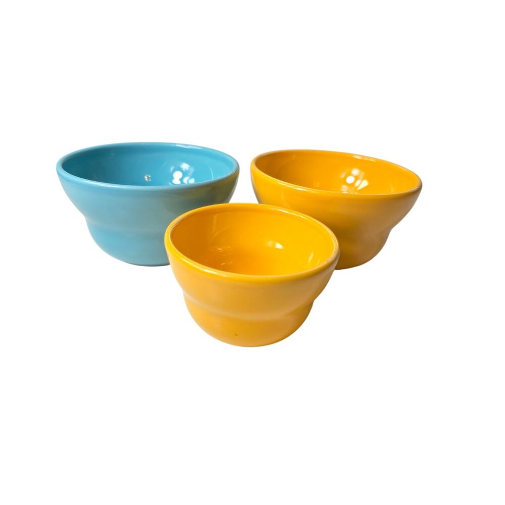 CRATE & BARREL Mustard Blue Small Nesting Earthenware Bowls Portugal Set of 3